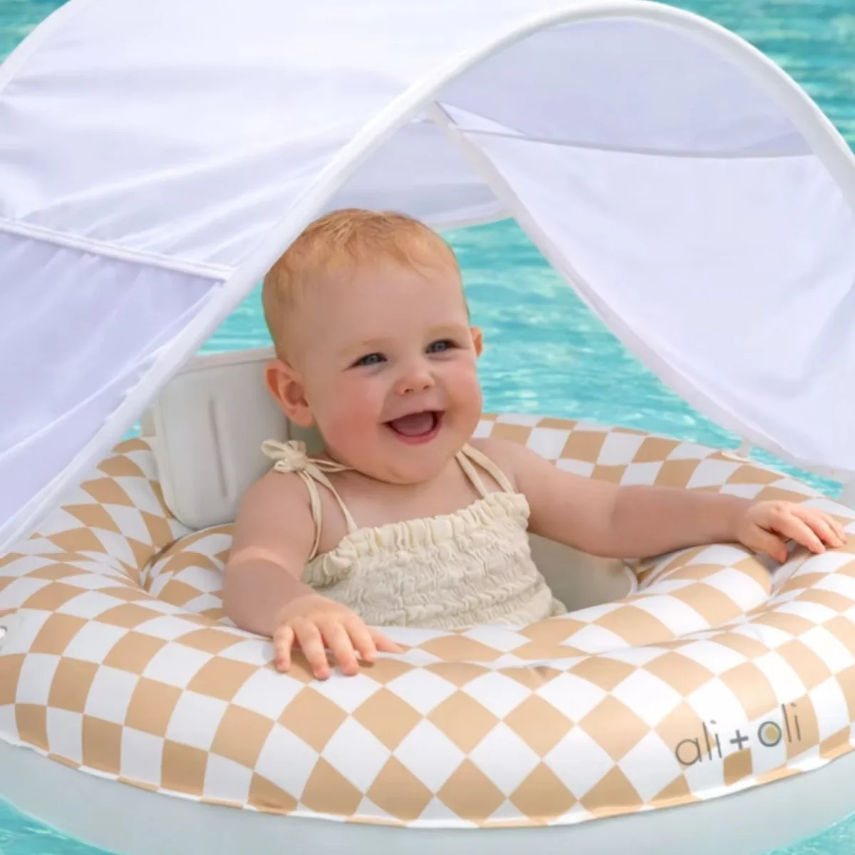 Ali+Oli Baby Swim Seat with Sun Canopy - Tan Checkers - Image 2