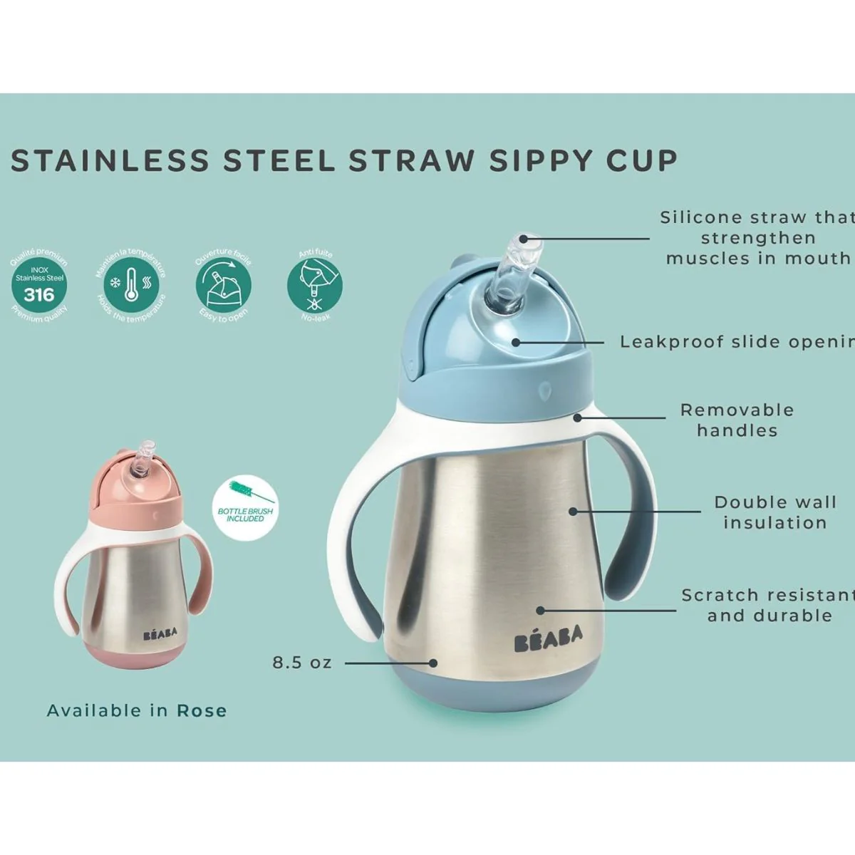 Beaba Stainless Steel Straw Sippy Cup - Oat - Image 3