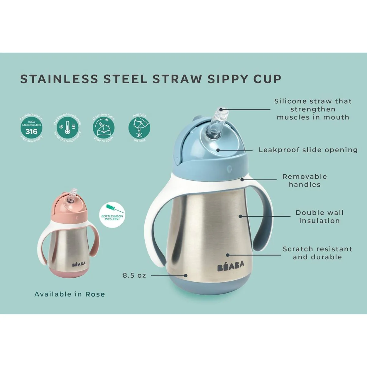 Beaba Stainless Steel Straw Sippy Cup - Terracota - Image 3