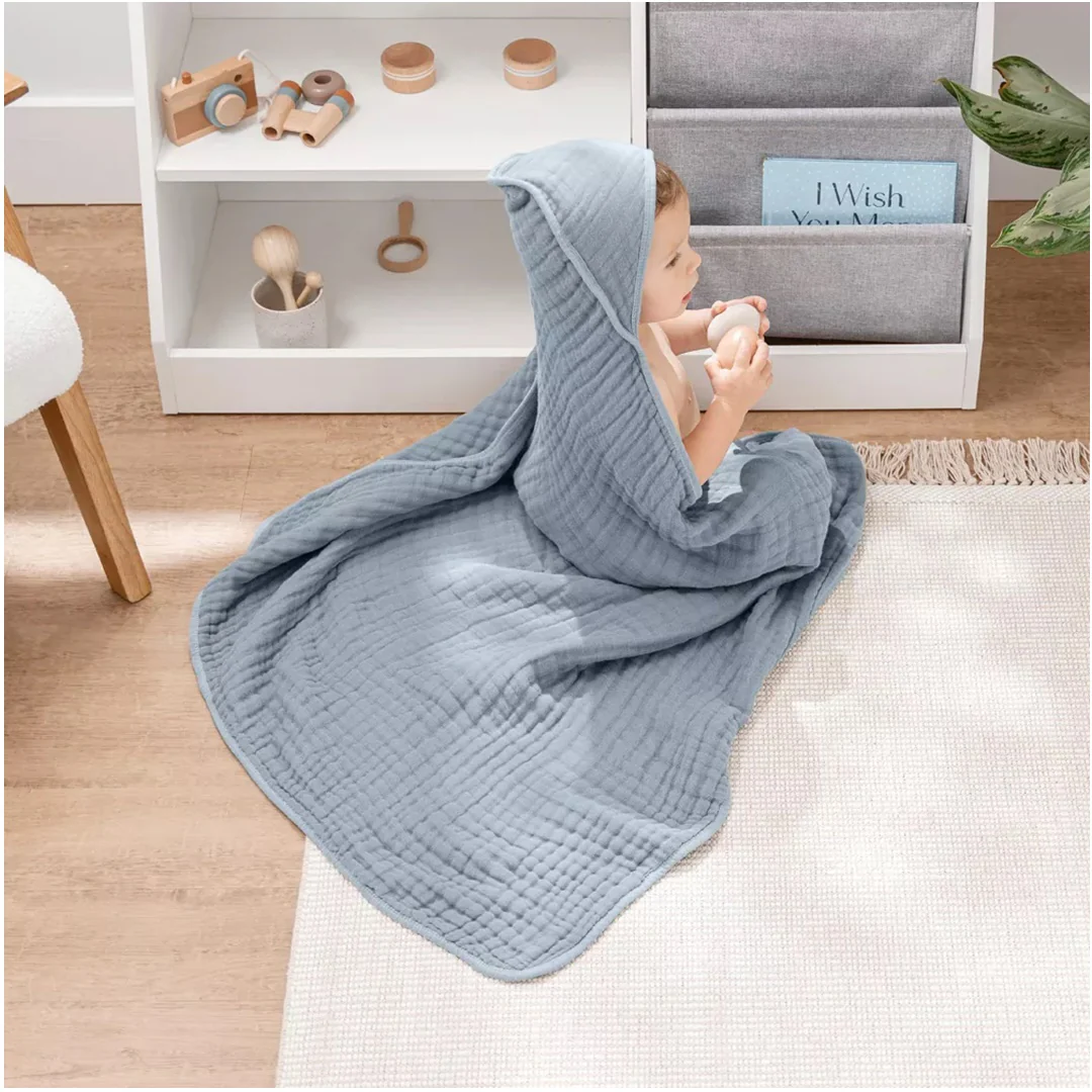 Comfy Cubs Hooded Baby Towel 2 pack 100% Muslin Cotton - Pacific Blue - Image 3