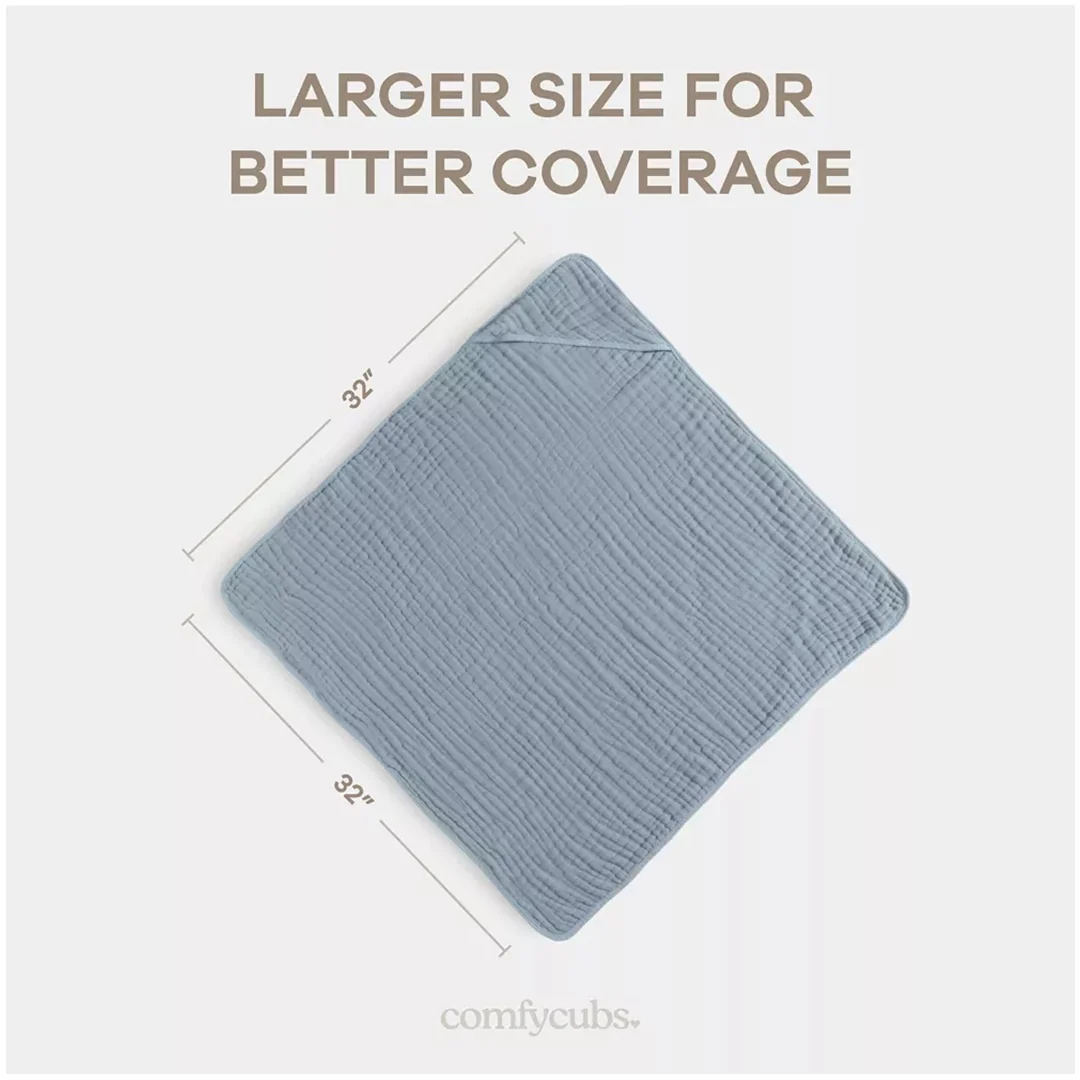 Comfy Cubs Hooded Baby Towel 2 pack 100% Muslin Cotton - Pacific Blue - Image 4