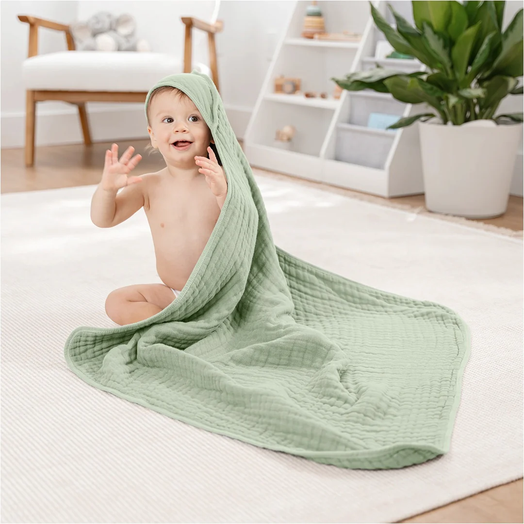 Comfy Cubs Hooded Baby Towel 2 pack 100% Muslin Cotton - Sage - Image 3