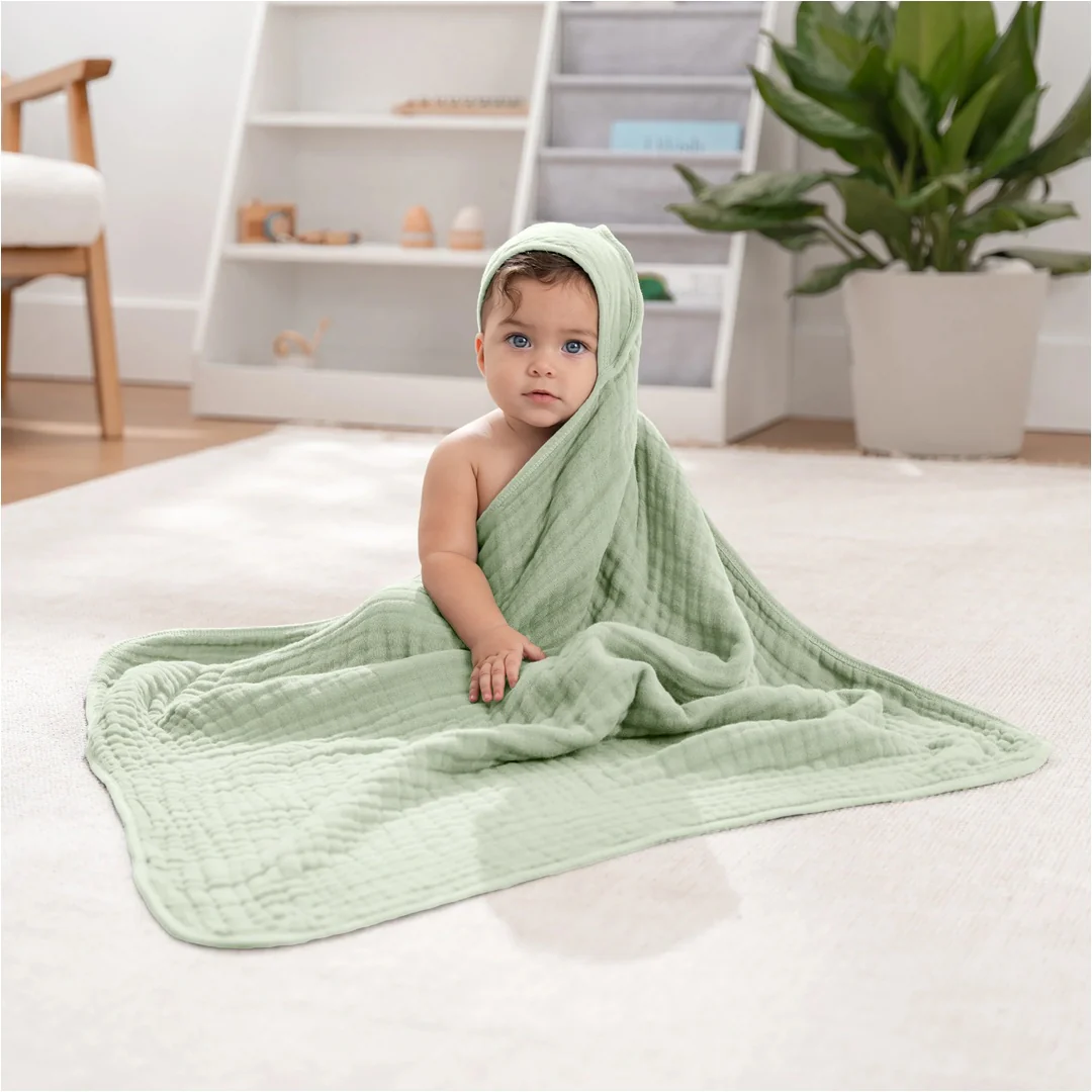Comfy Cubs Hooded Baby Towel 2 pack 100% Muslin Cotton - Sage - Image 4