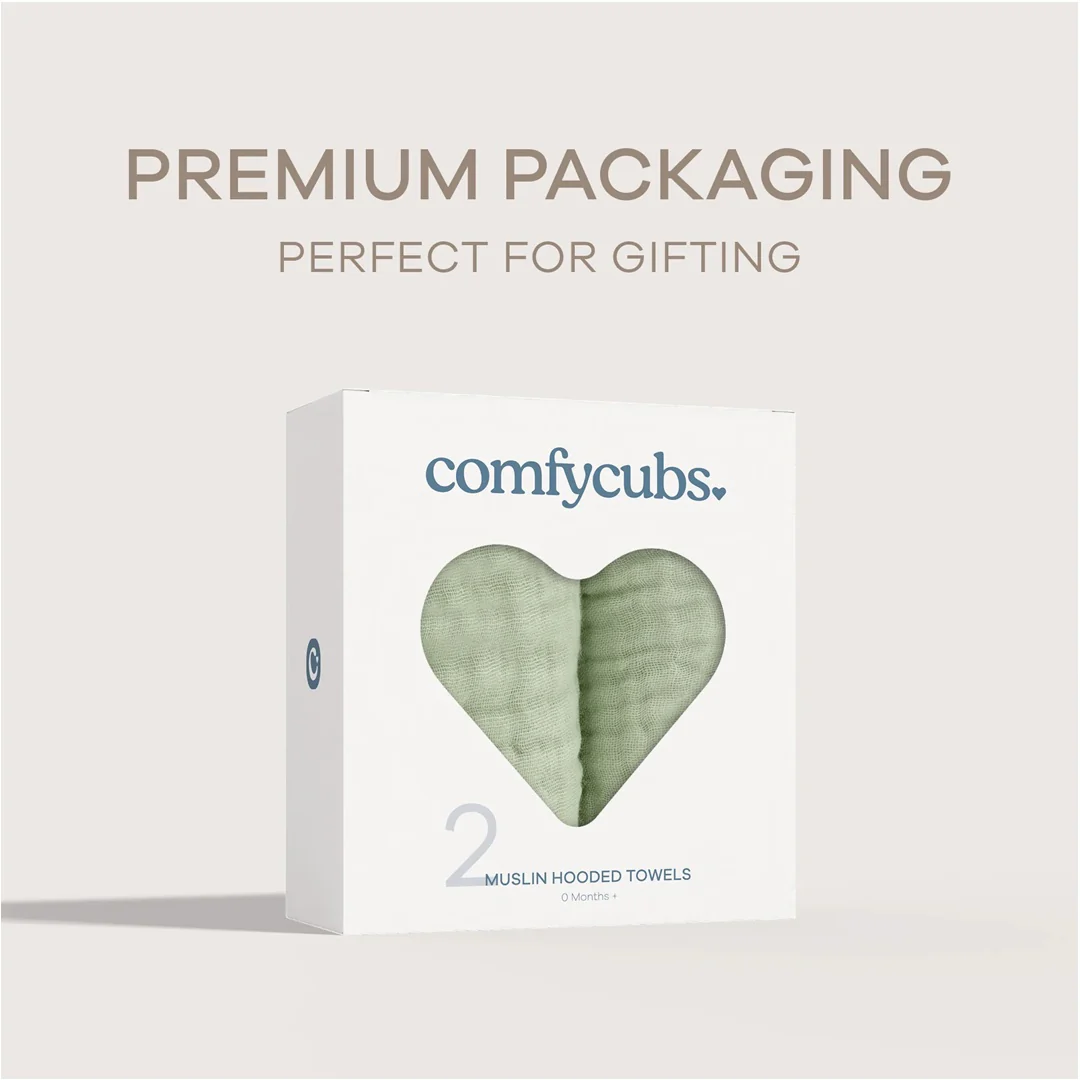 Comfy Cubs Hooded Baby Towel 2 pack 100% Muslin Cotton - Sage - Image 6