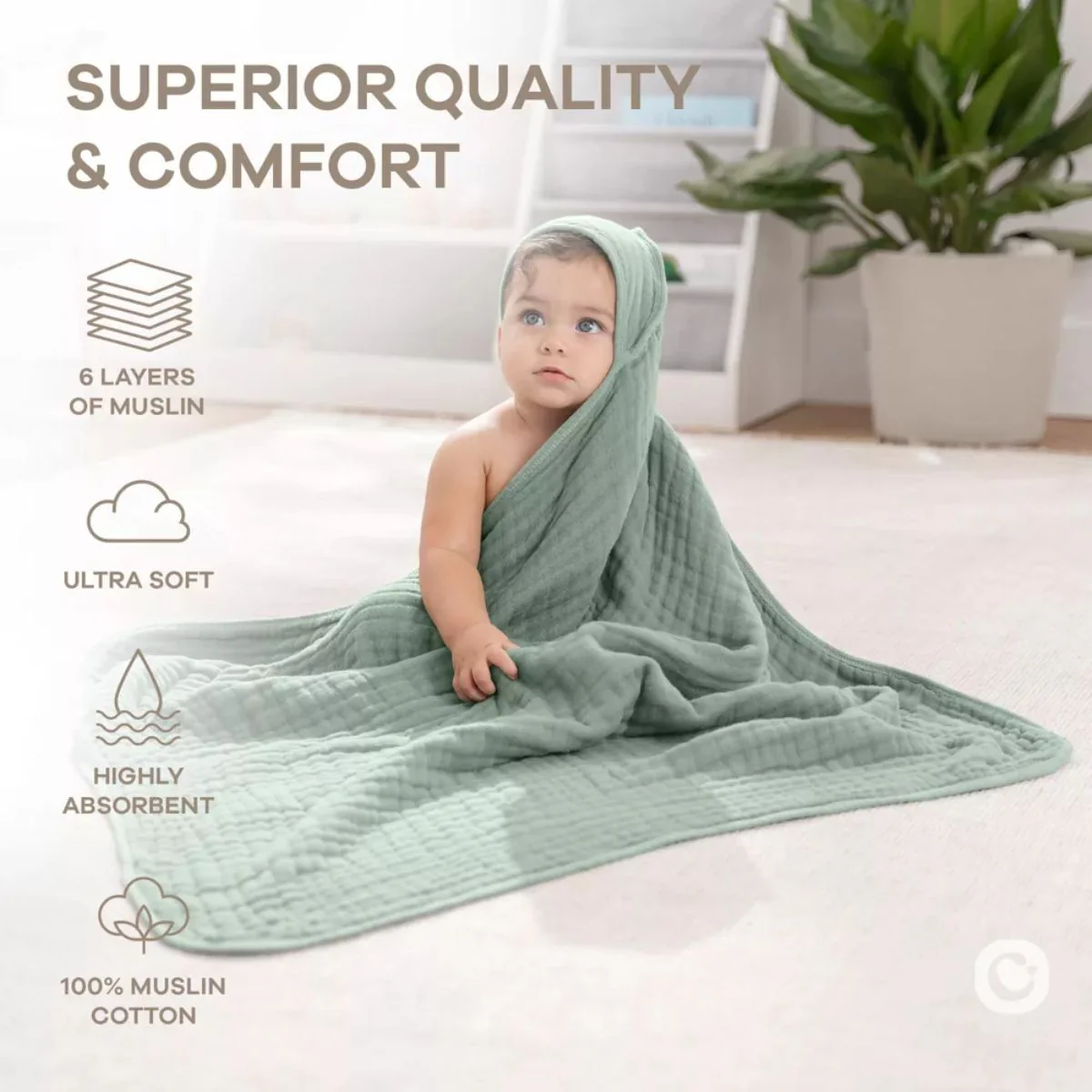 Comfy Cubs Hooded Baby Towel 2 pack 100% Muslin Cotton - Fern - Image 4