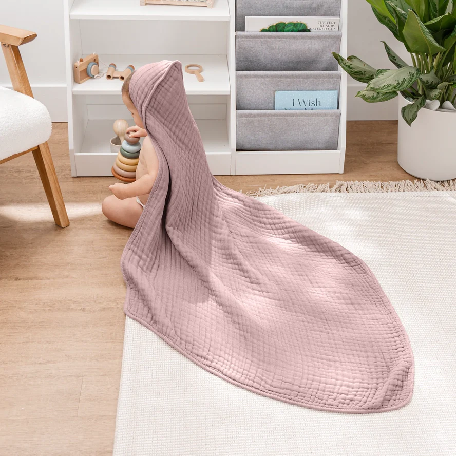 Comfy Cubs Hooded Baby Towel 2 pack 100% Muslin Cotton - Mauve And Blush - Image 2