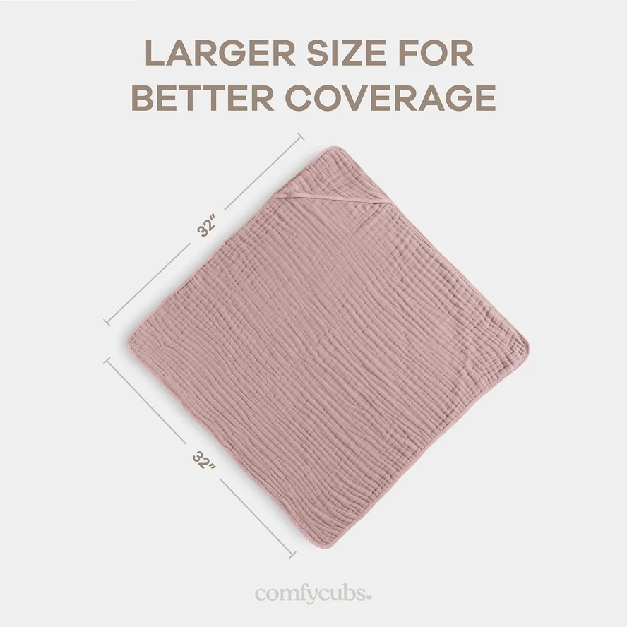 Comfy Cubs Hooded Baby Towel 2 pack 100% Muslin Cotton - Mauve And Blush - Image 3