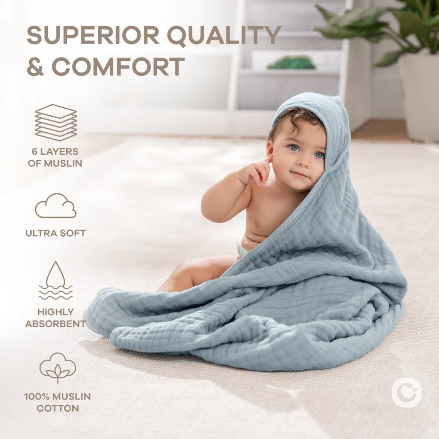 Comfy Cubs Hooded Baby Towel 2 pack 100% Muslin Cotton - Pacific Blue and Fern - Image 5