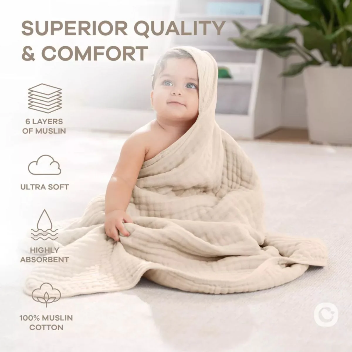 Comfy Cubs Hooded Baby Towel 2 pack 100% Muslin Cotton  - Sand - Image 4