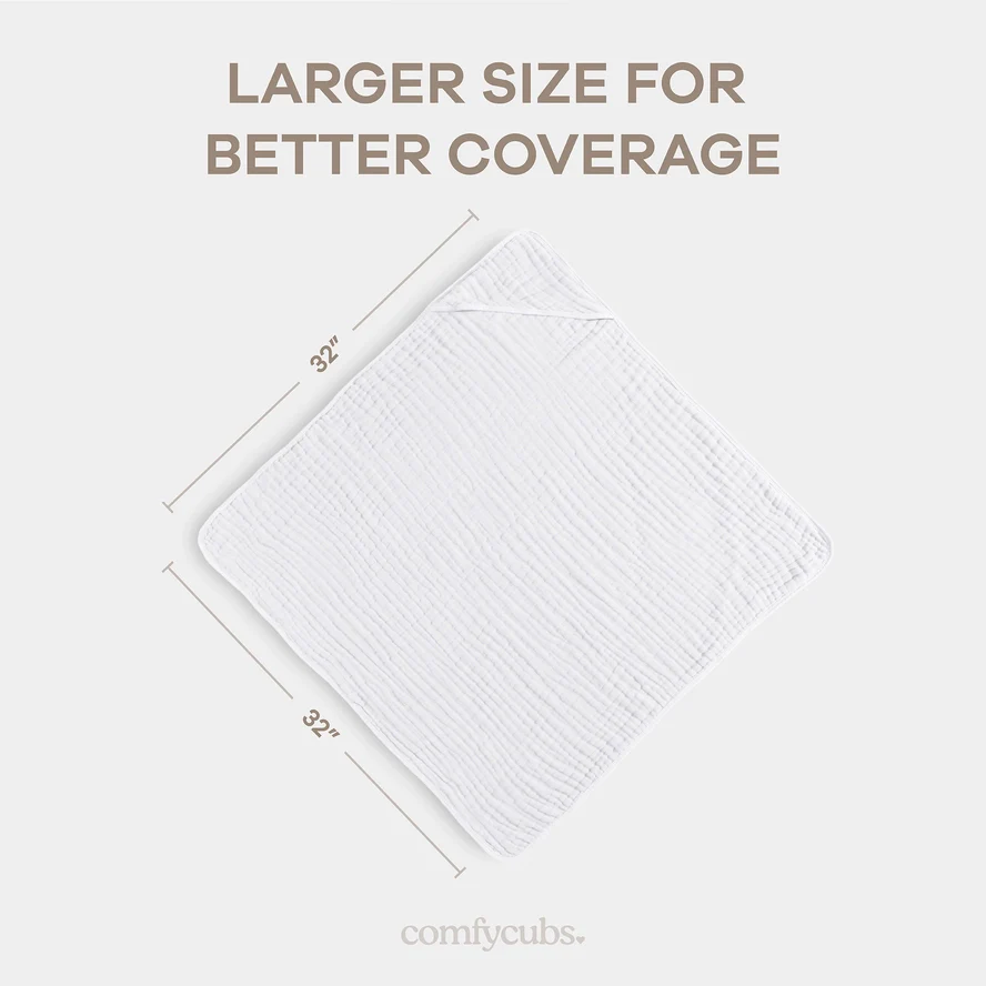 Comfy Cubs Hooded Baby Towel 2 pack 100% Muslin Cotton  - White - Image 3