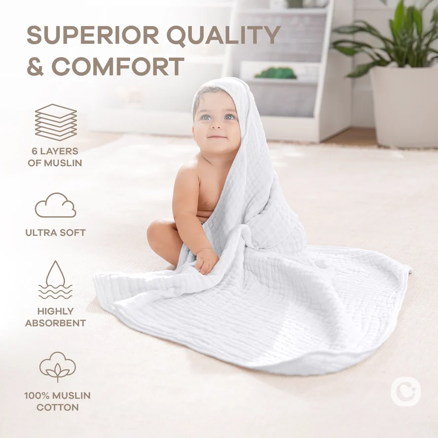 Comfy Cubs Hooded Baby Towel 2 pack 100% Muslin Cotton  - White - Image 4