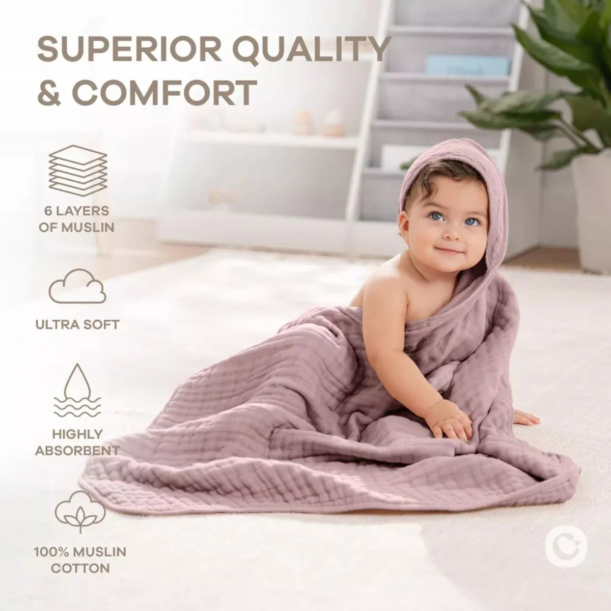 Comfy Cubs Hooded Baby Towel 2 pack 100% Muslin Cotton - Mauve - Image 4