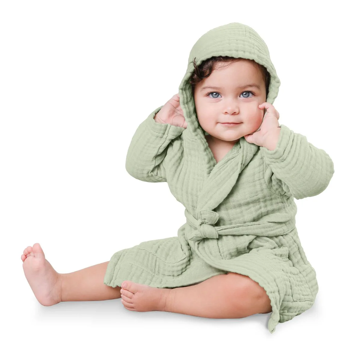Comfy Cubs Muslin Hooded Baby Bath Robe 100% Cotton Sage - 6-12M