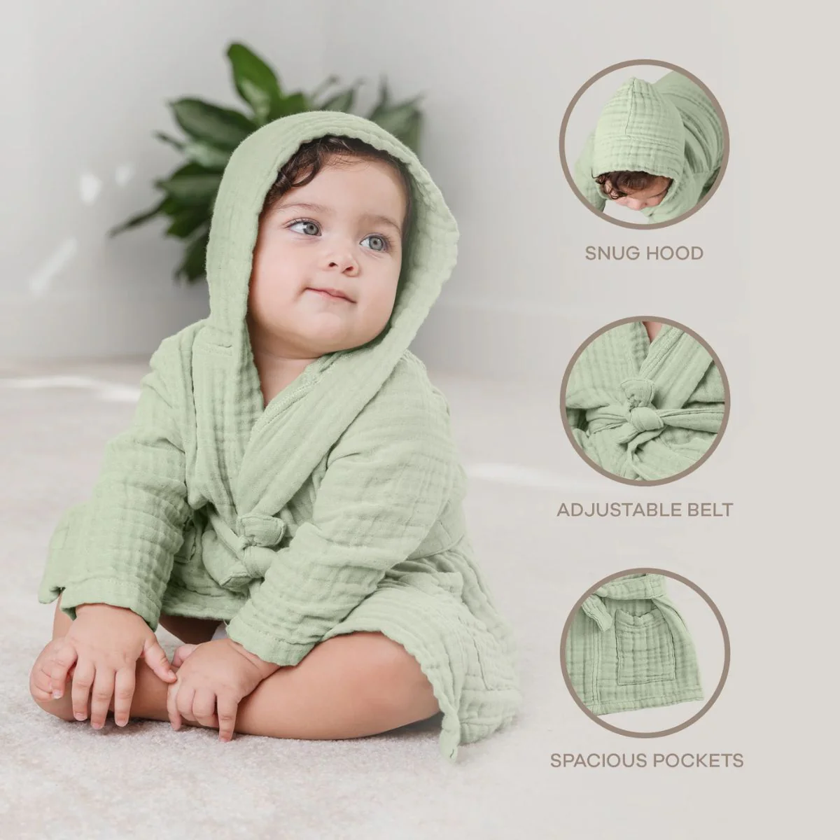 Comfy Cubs Muslin Hooded Baby Bath Robe 100% Cotton Sage - 6-12M - Image 2