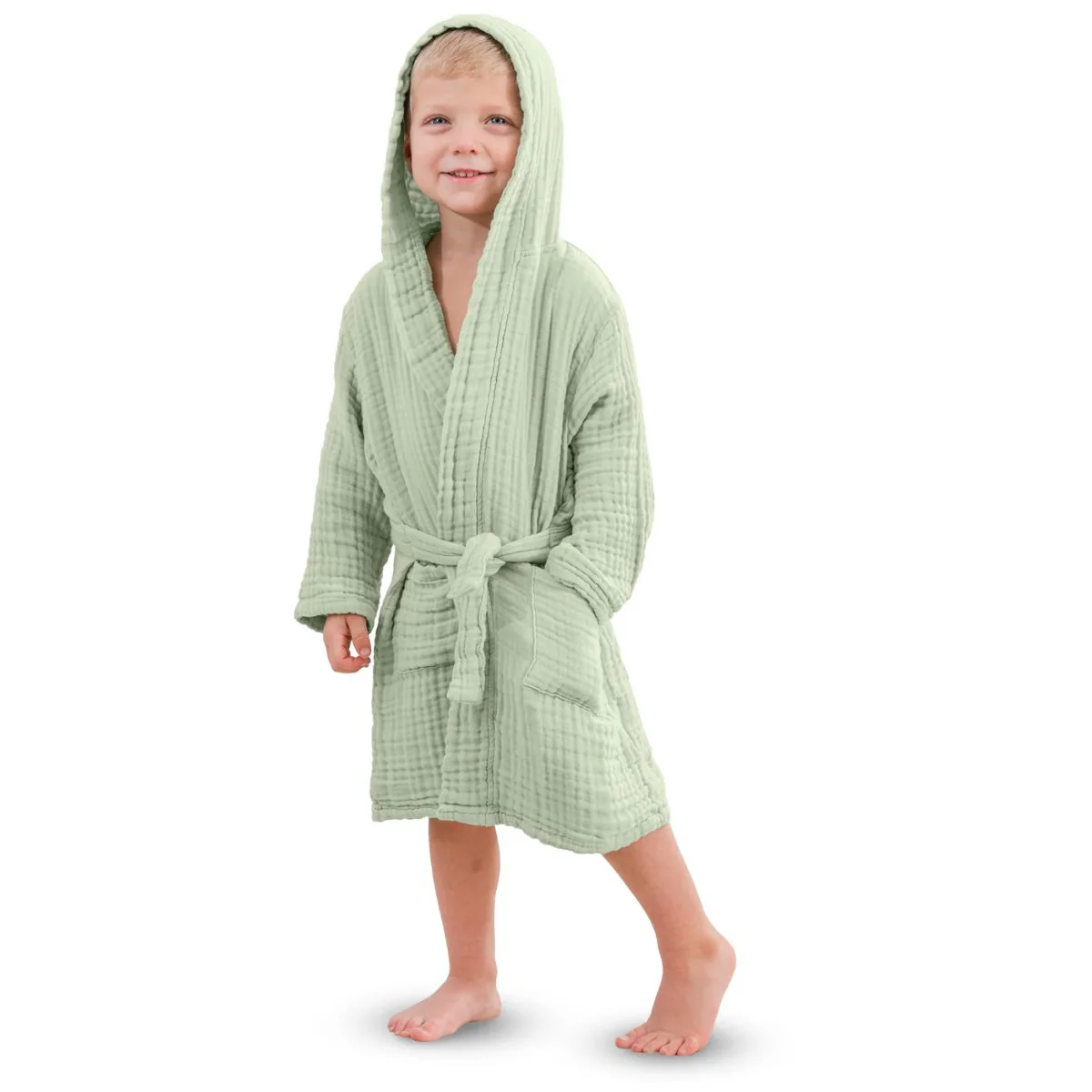 Comfy Cubs Muslin Hooded Baby Bath Robe 100% Cotton Sage - 6-12M - Image 3