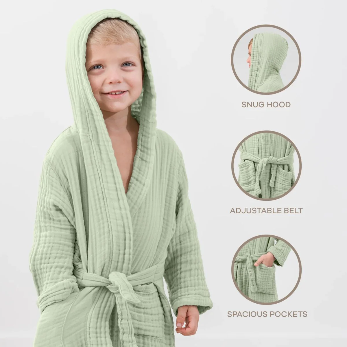 Comfy Cubs Muslin Hooded Baby Bath Robe 100% Cotton Sage - 6-12M - Image 6