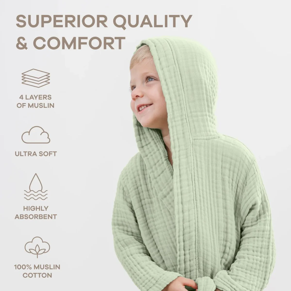 Comfy Cubs Muslin Hooded Baby Bath Robe 100% Cotton Sage - 6-12M - Image 7