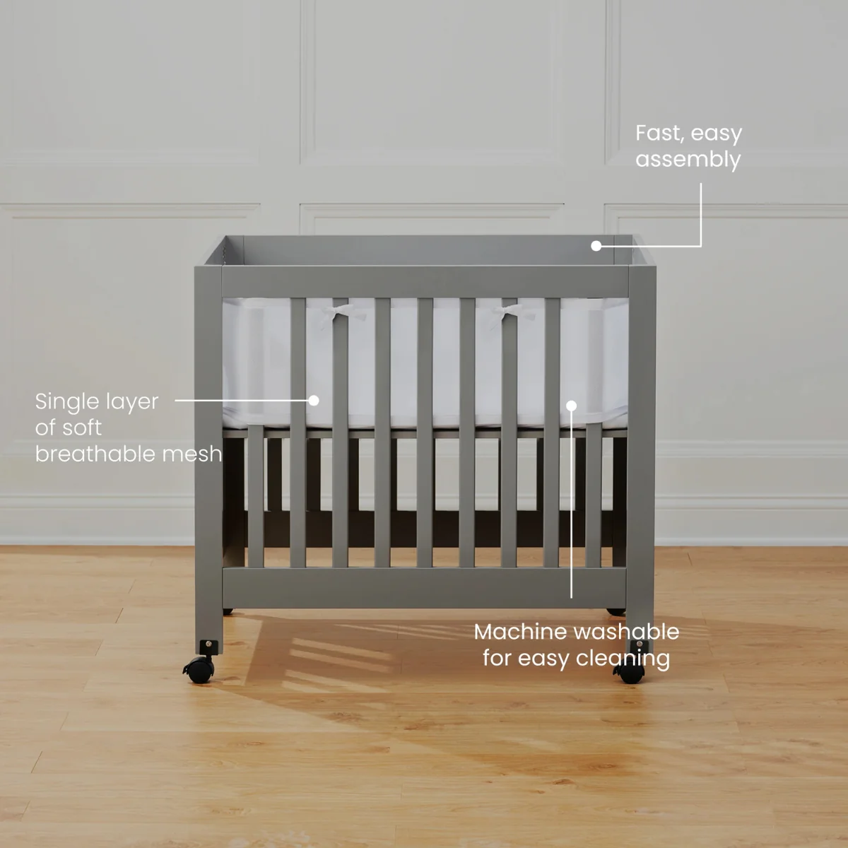 Halo Breathable Mesh Crib Liner for Mini Crib - Grey - Image 5