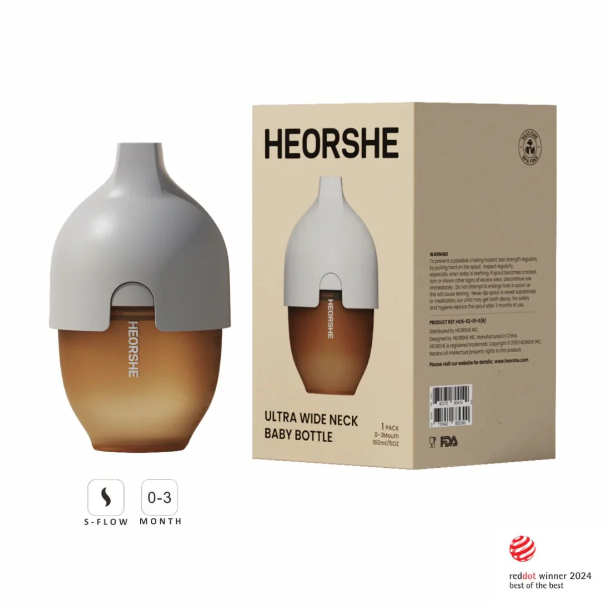HEORSHE Ultra Wide Neck Baby Bottle 5 OZ - Grey