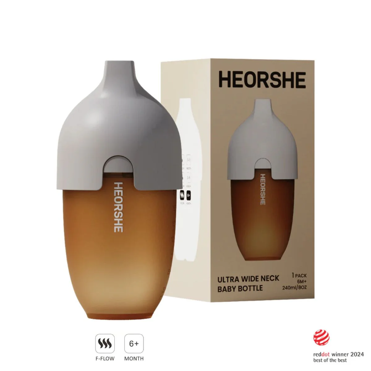 HEORSHE Ultra Wide Neck Baby Bottle 8 OZ - Grey
