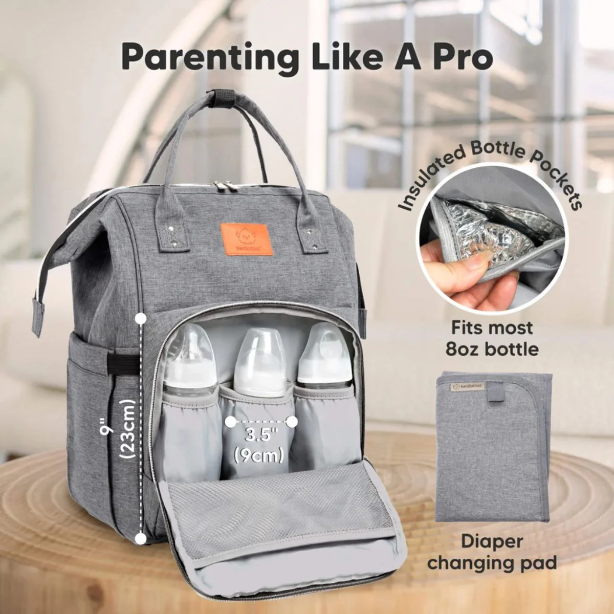 KeaBabies Original Diaper Bag Backpack - Classic Grey - Image 5