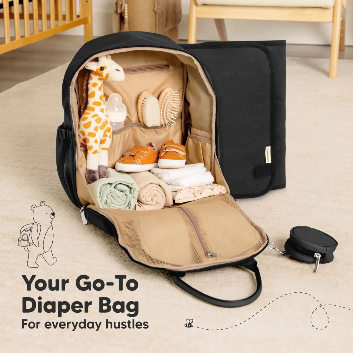 KeaBabies Play Diaper Backpack with Changing Pad - Trendy Black - Image 10