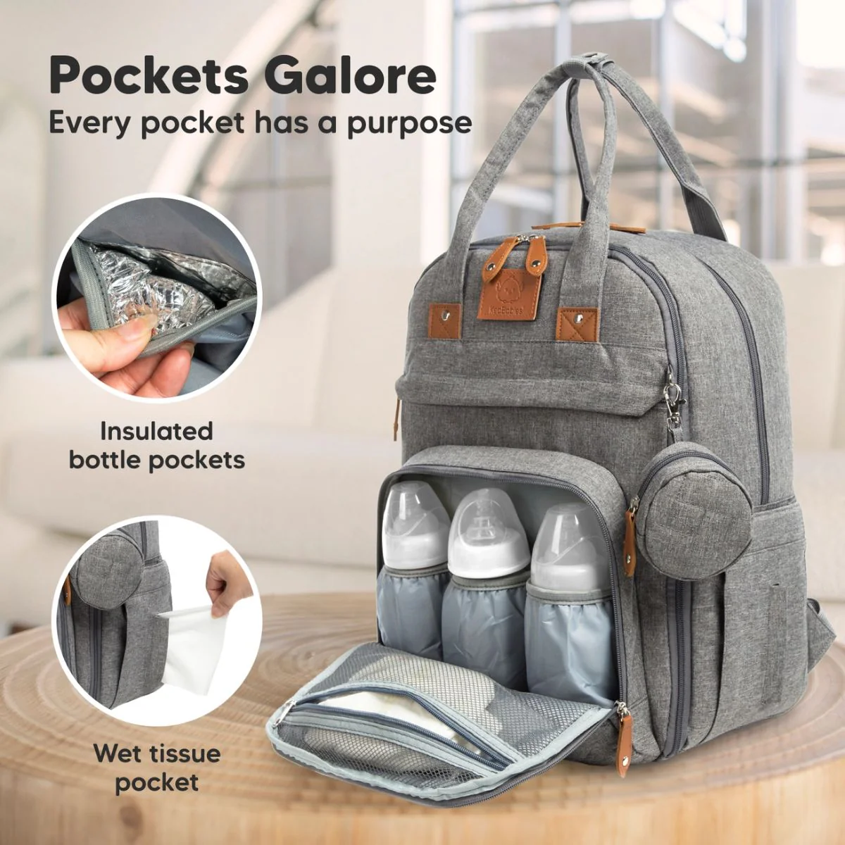 KeaBabies Rove Diaper Backpack - Classic Grey - Image 3