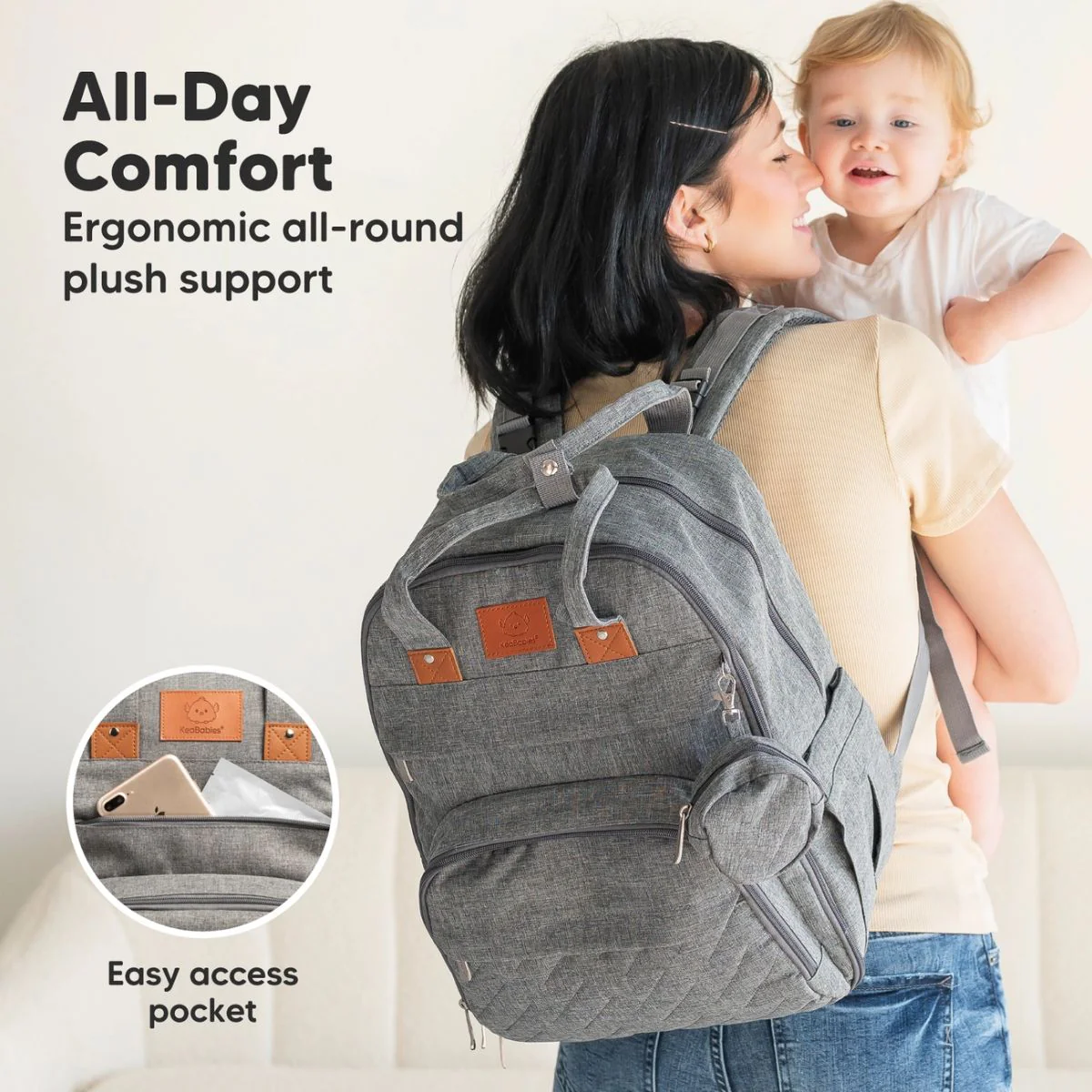 KeaBabies Rove Diaper Backpack - Classic Grey - Image 7
