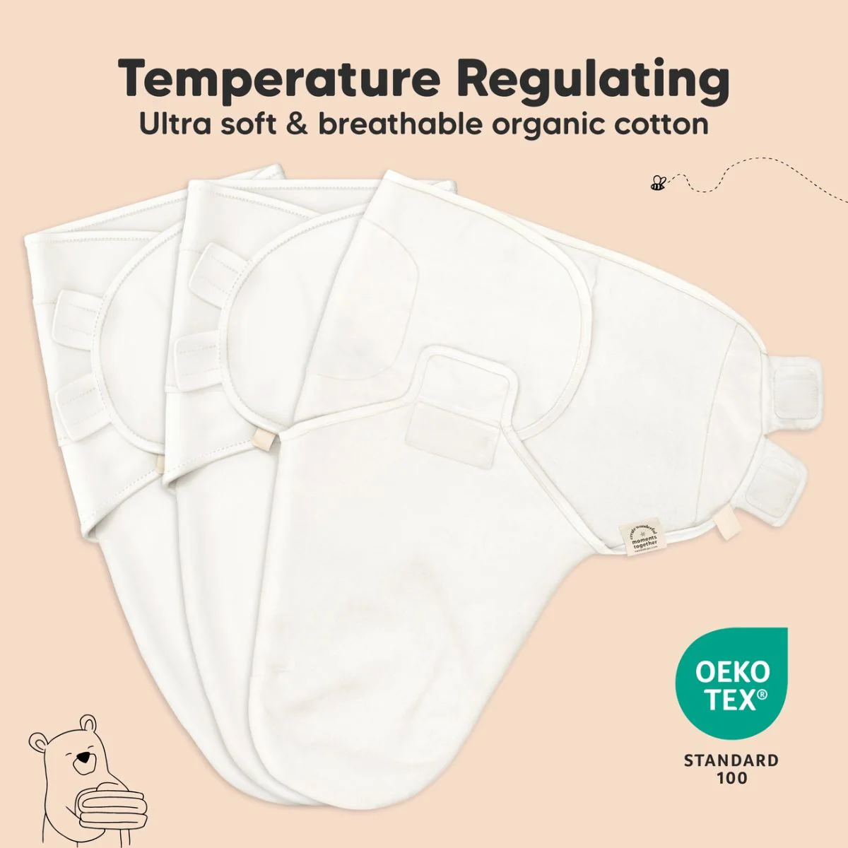 KeaBabies Soothe Swaddle Sack 3 Pack Organic Cotton 0-3M - Soft White - Image 4