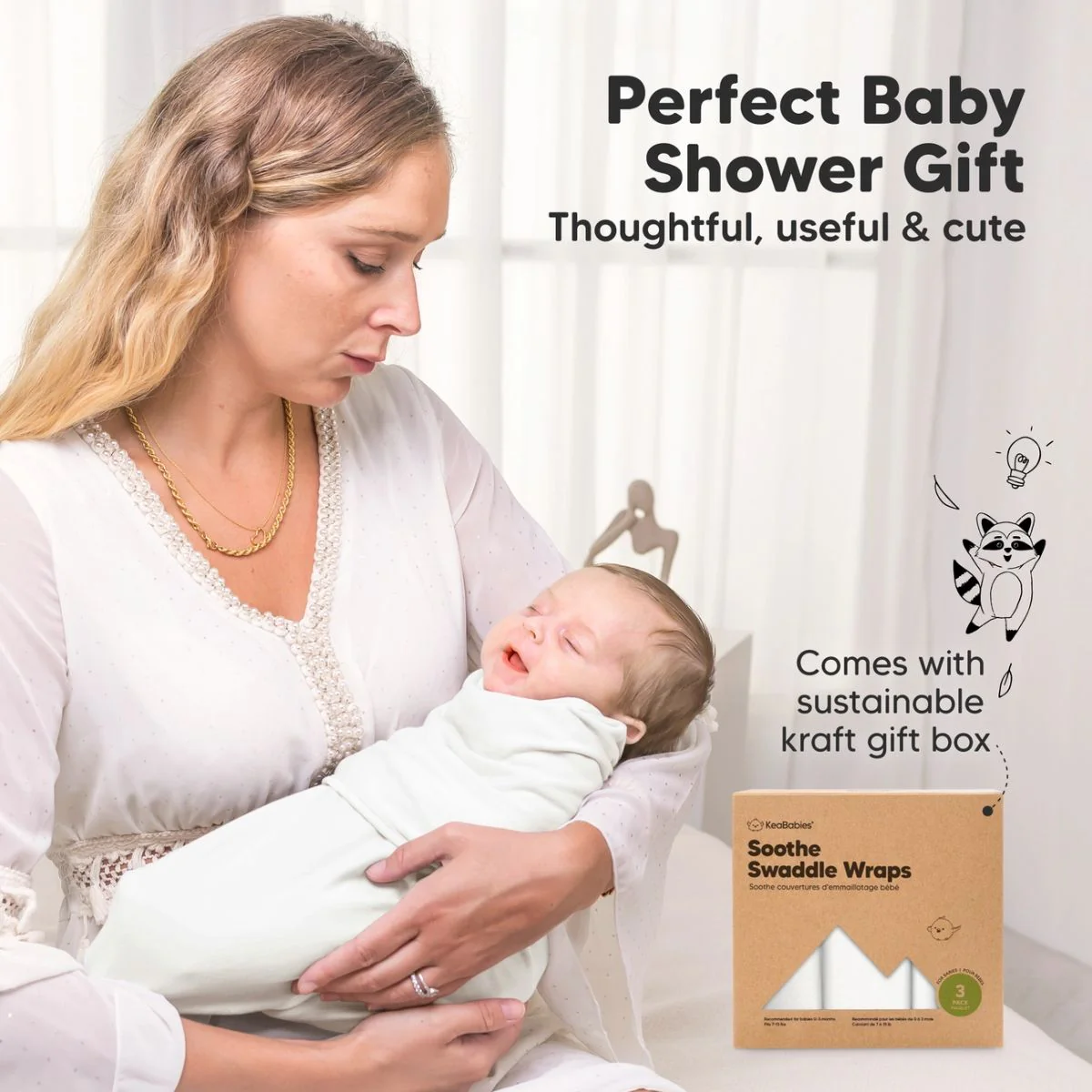 KeaBabies Soothe Swaddle Sack 3 Pack Organic Cotton 0-3M - Soft White - Image 9