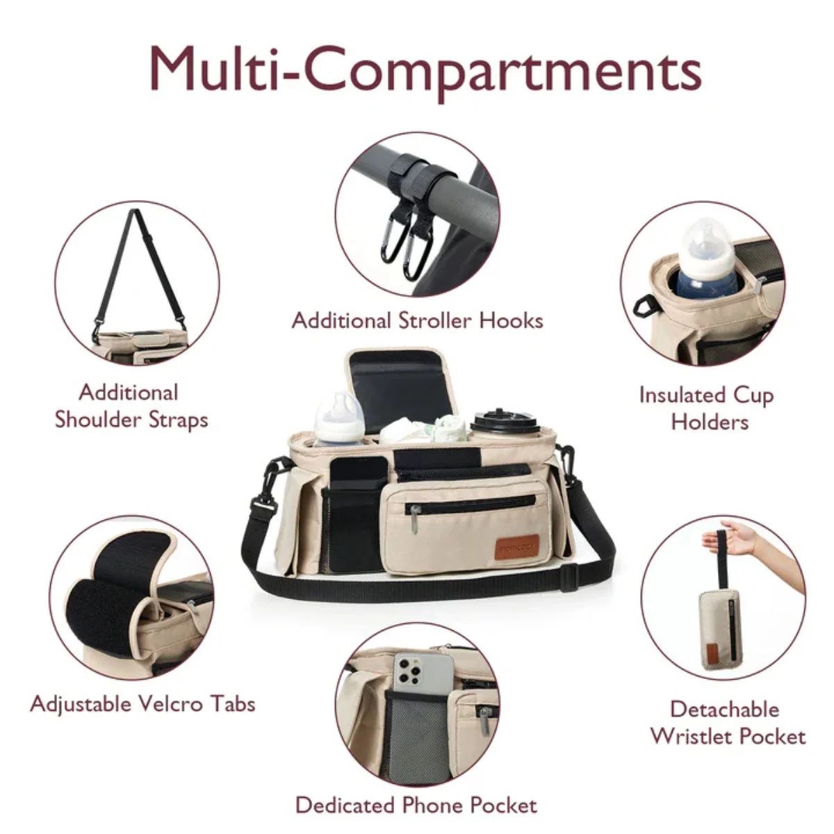 Momcozy Stroller Organizer All-in-One Cup Holder & Pet Strollers - Khaki - Image 3