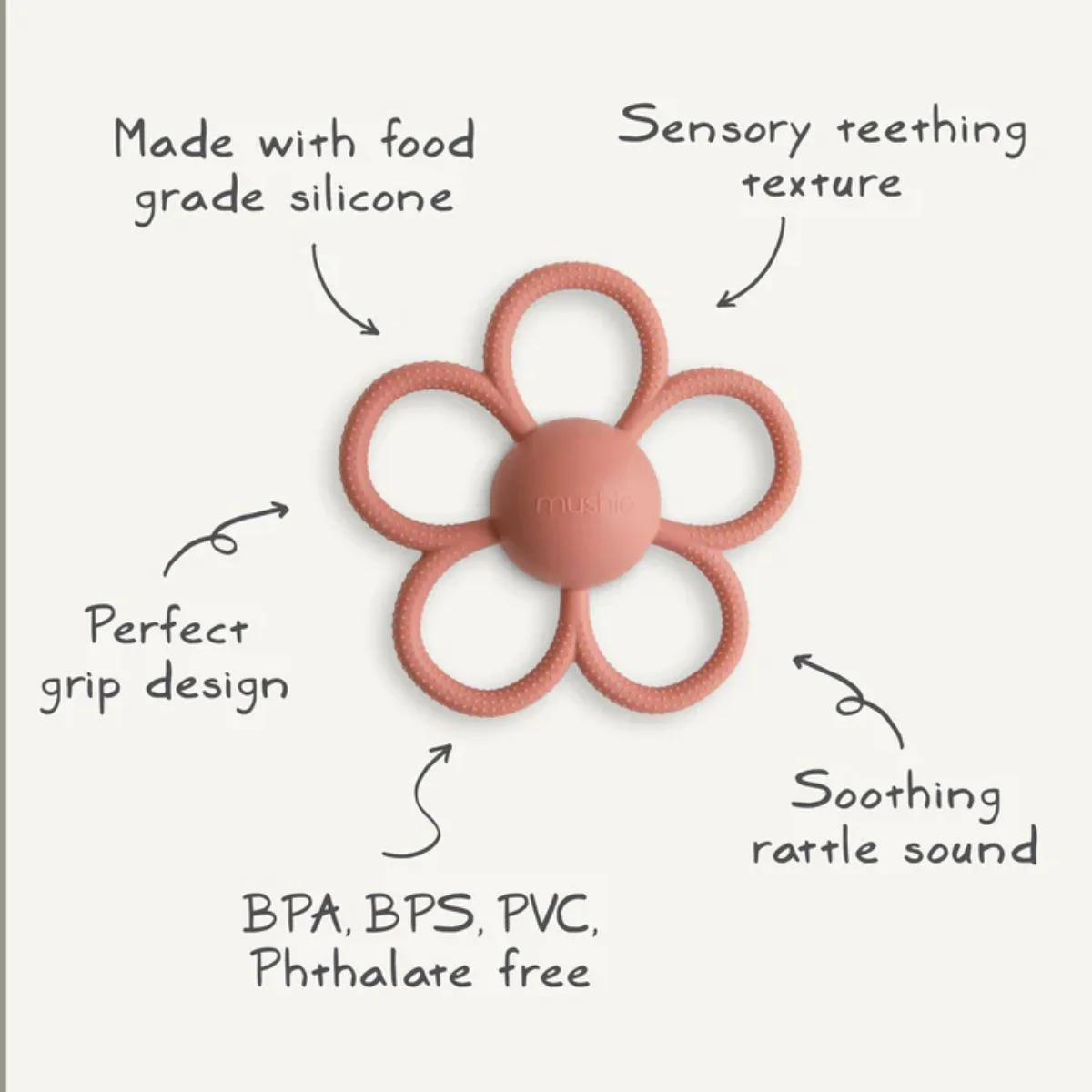 Mushie Silicone Daisy Rattle Teether - Dusty Rose - Image 3