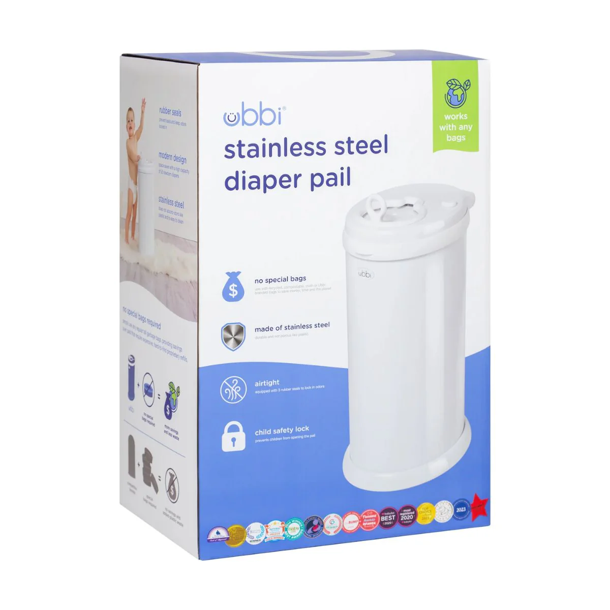Ubbi Steel Diaper Pail Odor Control System - White - Image 4