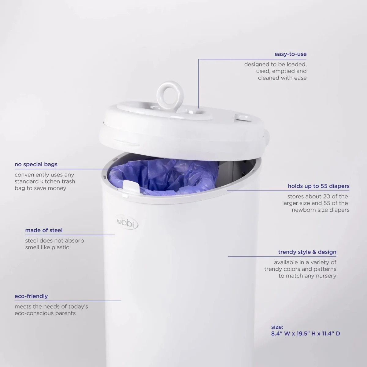 Ubbi Steel Diaper Pail Odor Control System - White - Image 5