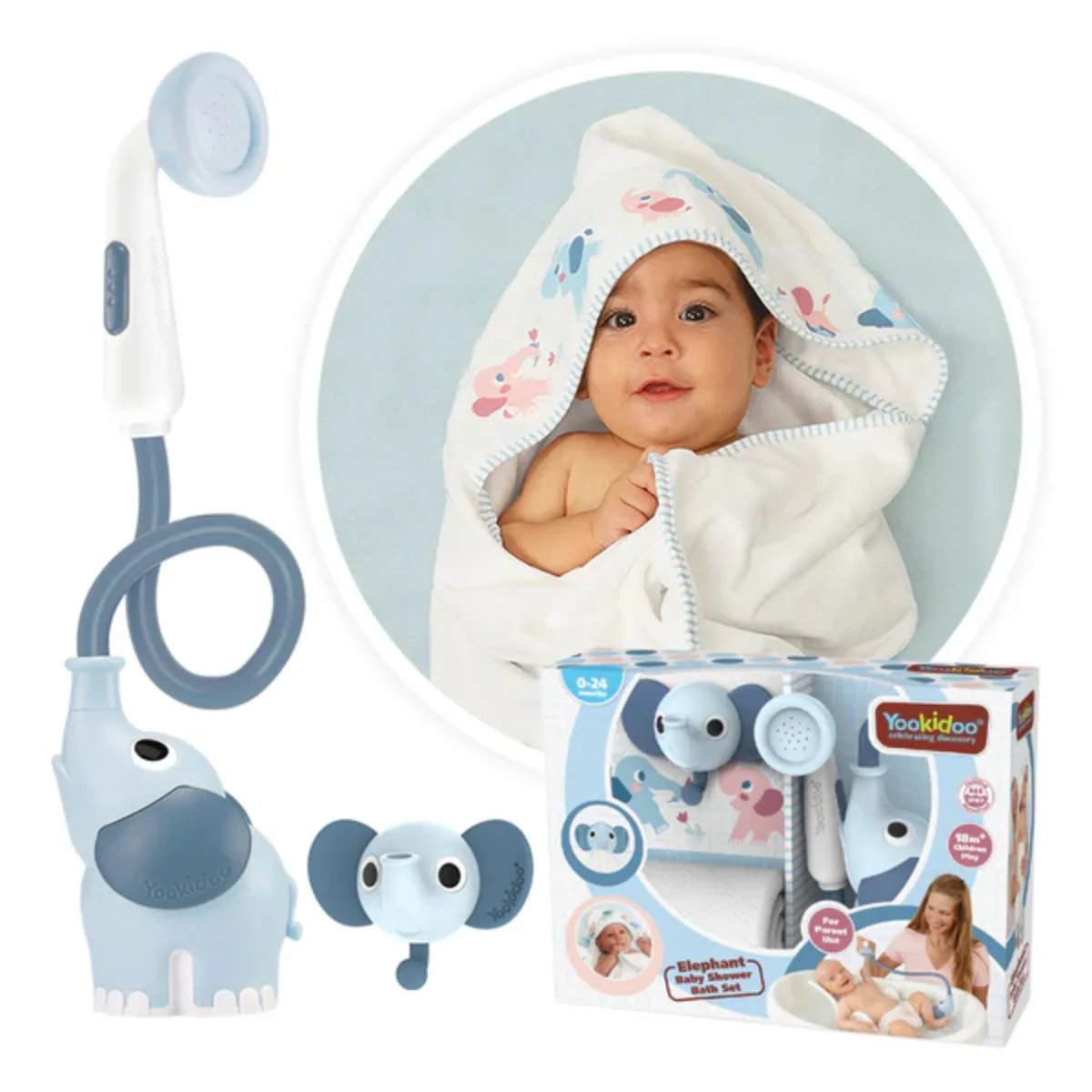 Yookidoo Bath Set Elephant Baby Shower 0-24M - Cloudy Blue